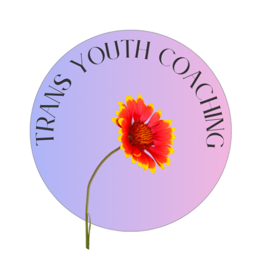 The words "Trans Youth Coaching" on a purple-blue circle, with a bright orange flower.